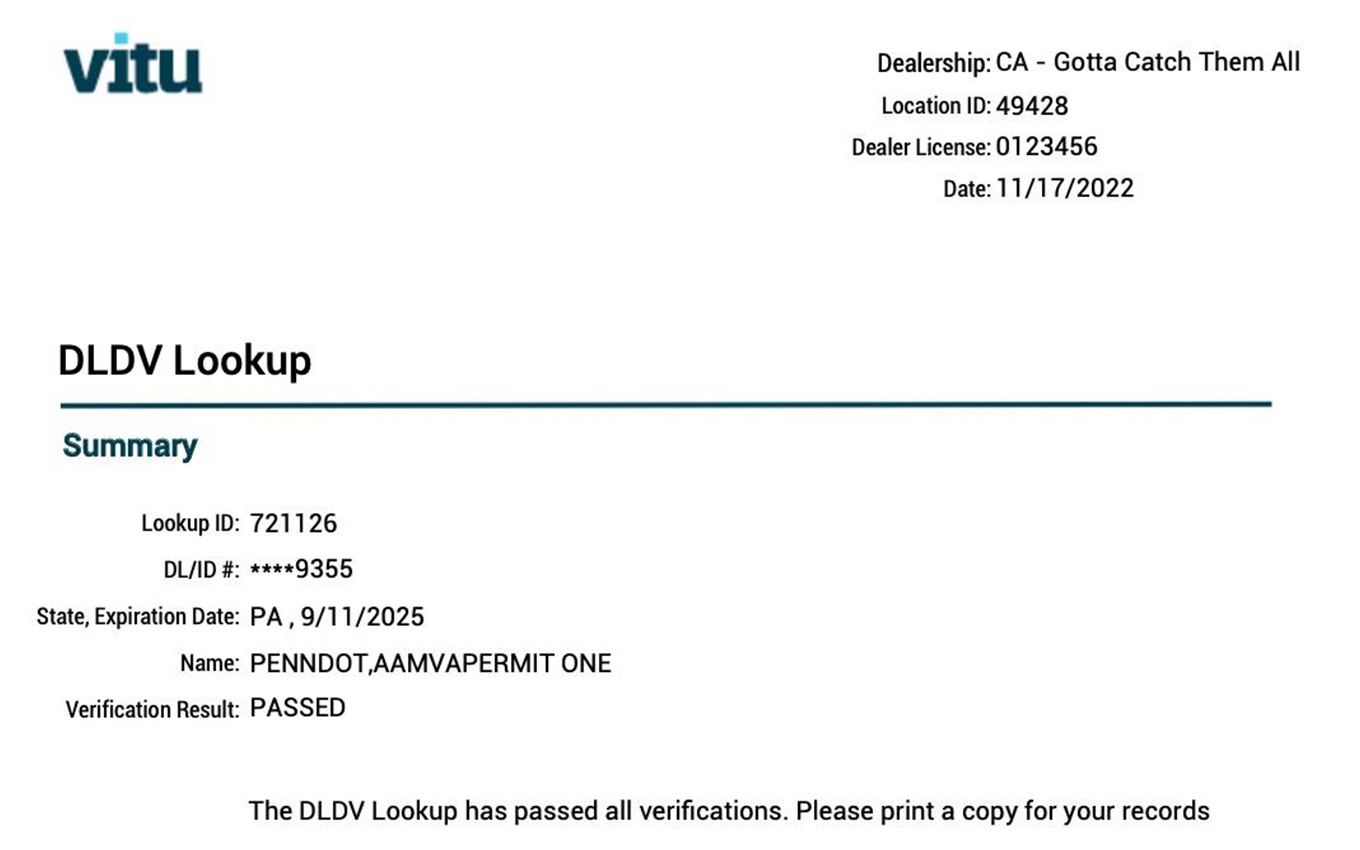Successful DLDV Lookup Summary