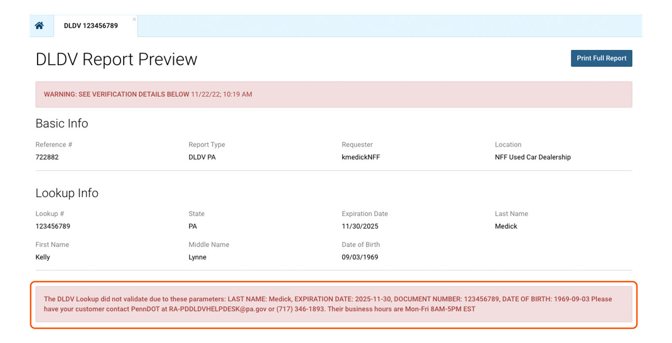 Unsuccessful DLDV Report Preview