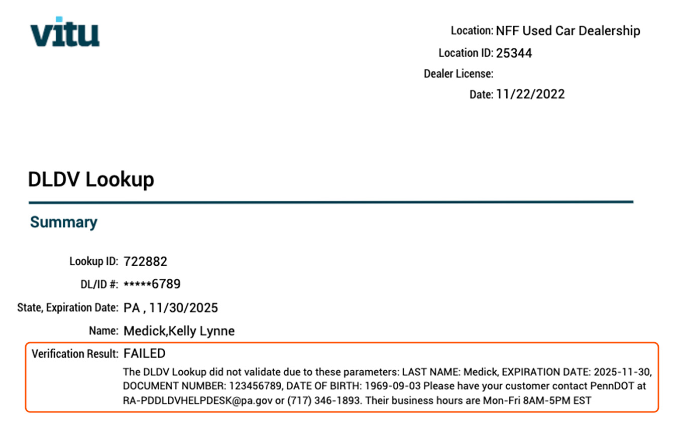 Unsuccessful DLDV Lookup Summary