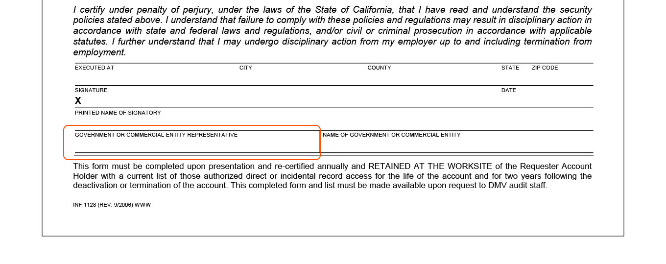 Government or Commercial Entity Representative field
