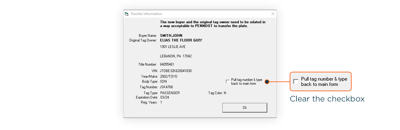 Clear this checkbox: Pull tag number and type back to main form