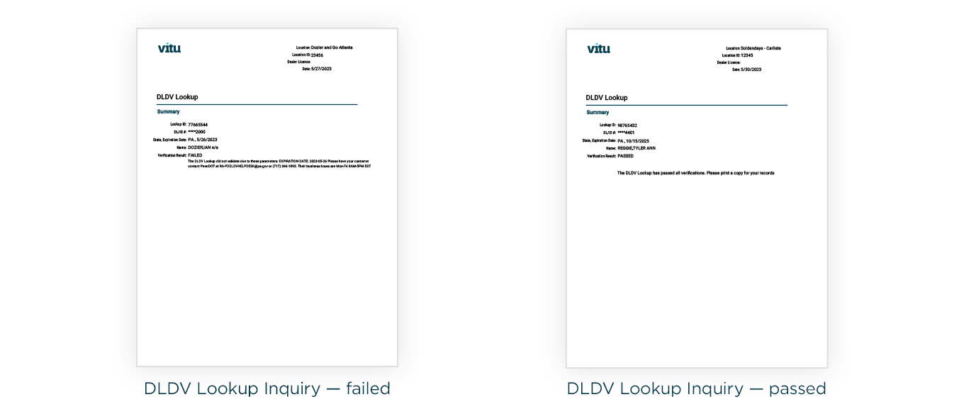 DLDV Lookup Inquiry passed and failed