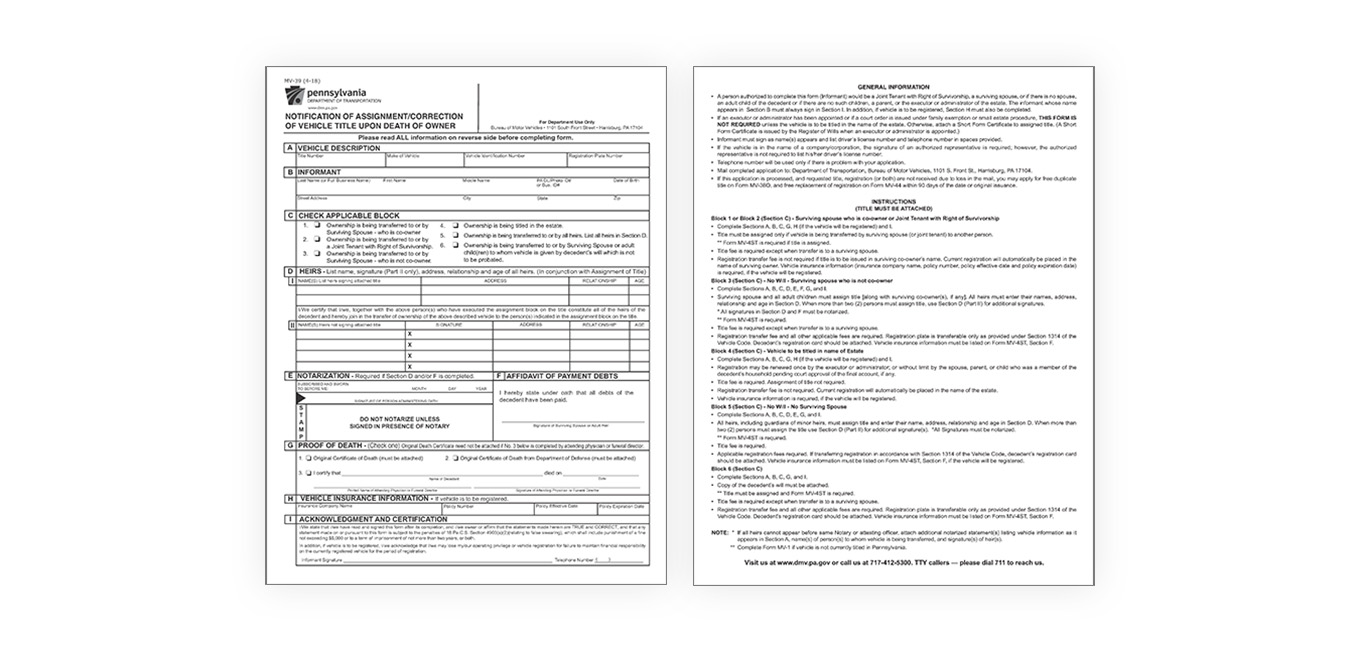 MV-39 — Notification of Assignment/Correction of Vehicle Title Upon Death of Owner form.
