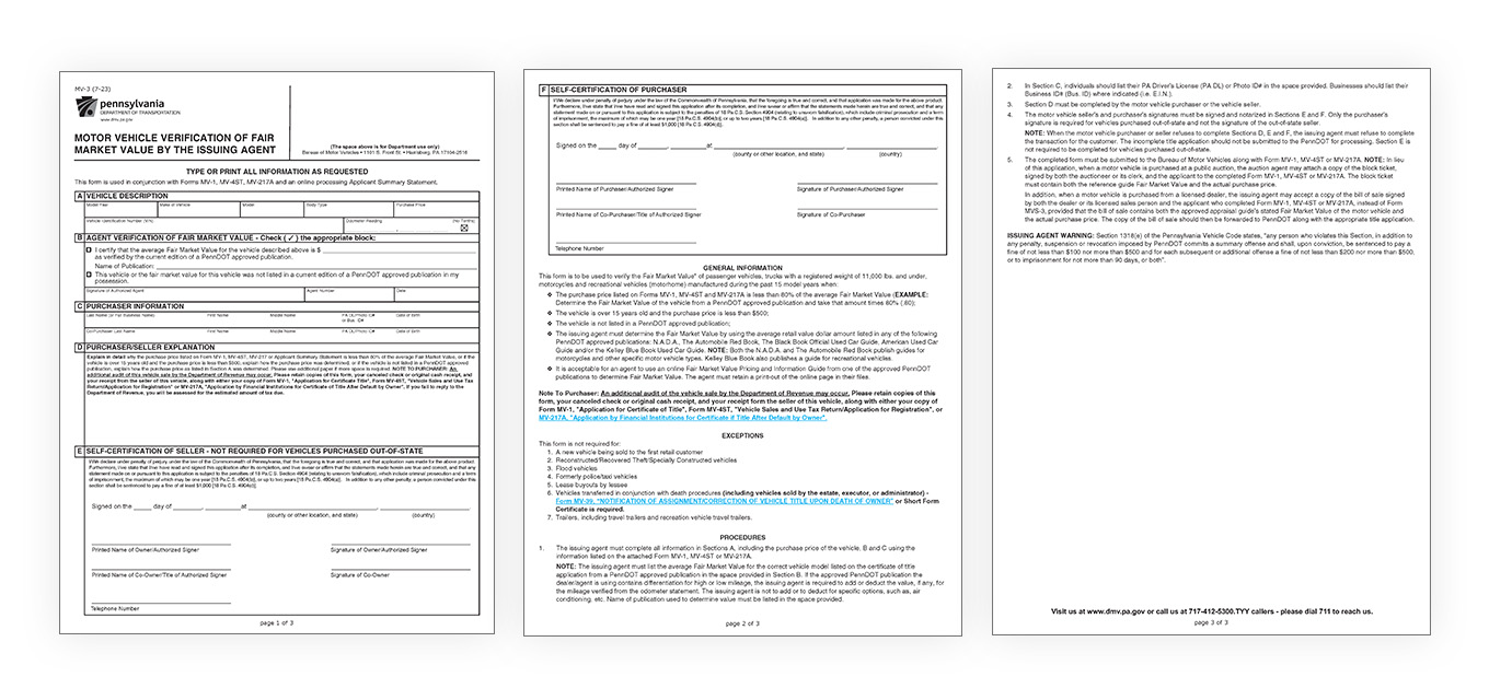 MV-3 — Motor Vehicle Verification of Fair Market Value form.