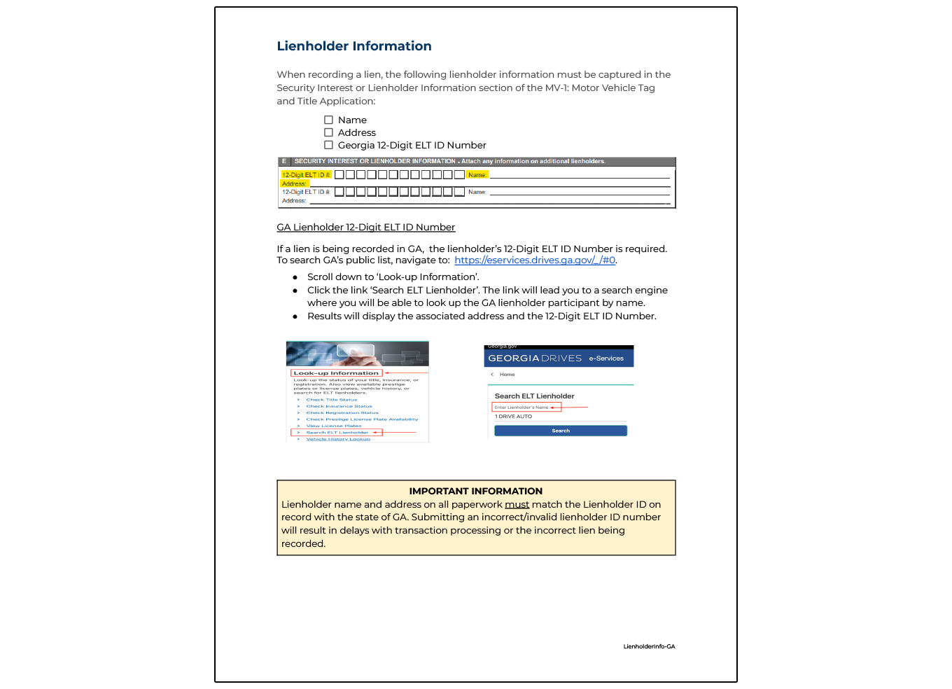 Example Lienholder information sheet provided by Vitu Interstate