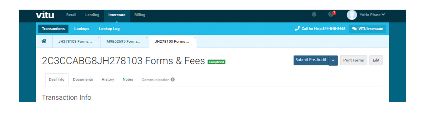Forms & Fees screen inside a transaction