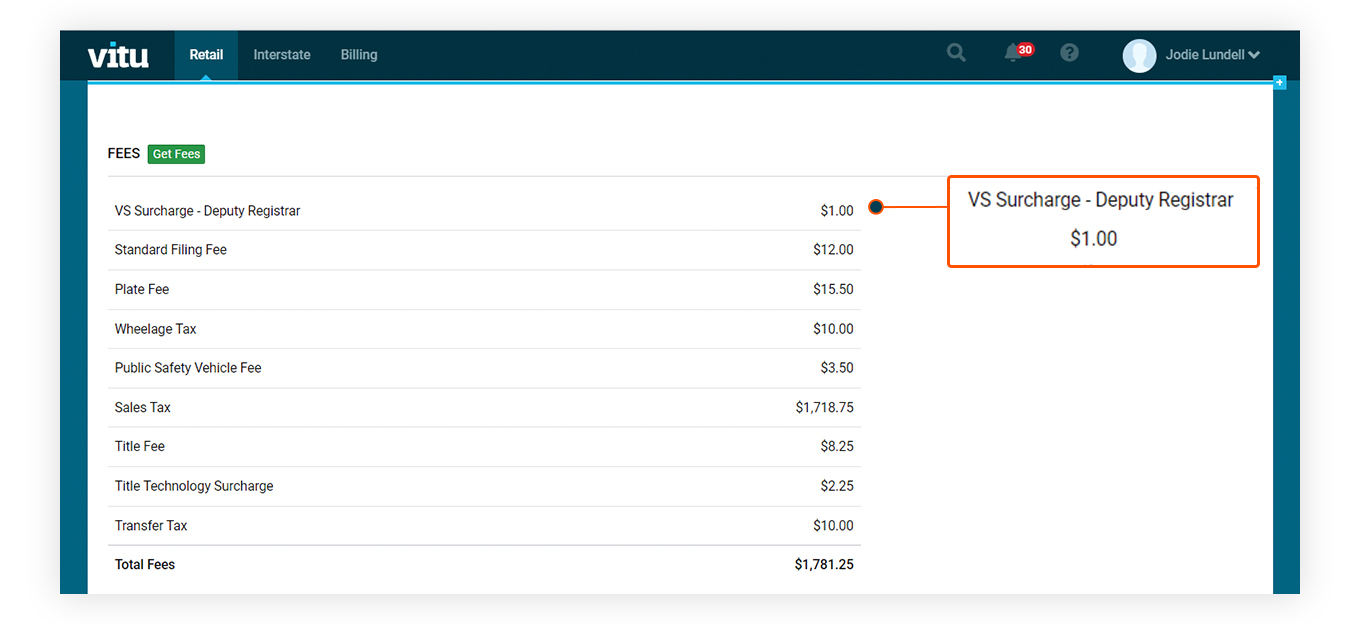 VS Surcharge — Deputy Registrar $1.00 on the Vitu Get Fees form