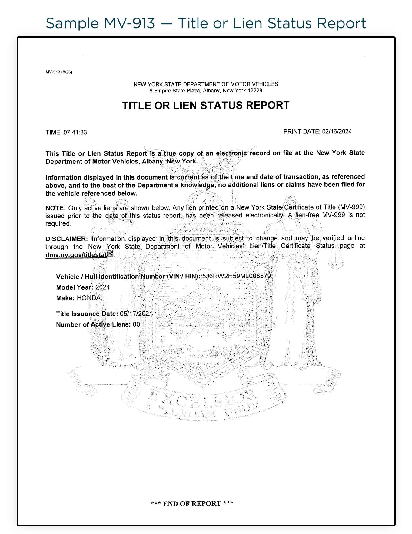 Sample MV-913 — Title or Lien Status Report