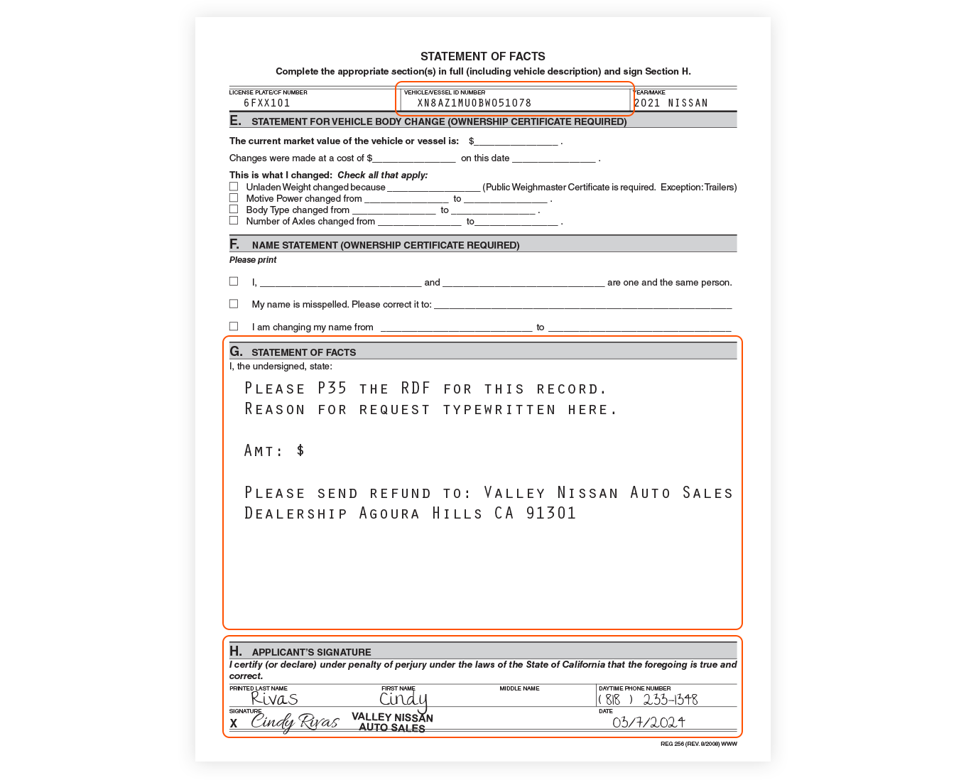 REG 256 - Statement of Facts