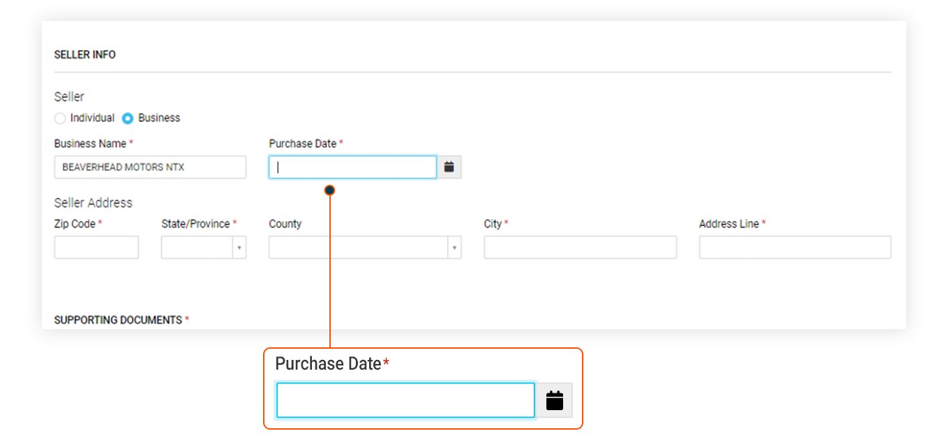 The Purchase Date field in the Seller Info section.