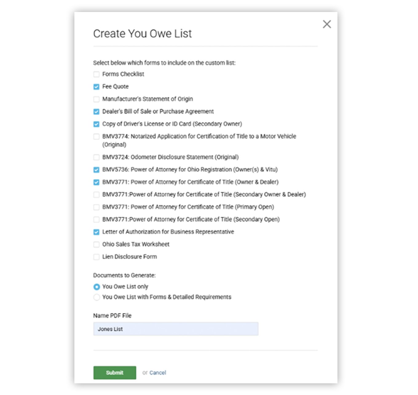 Select the forms for the You Owe List.