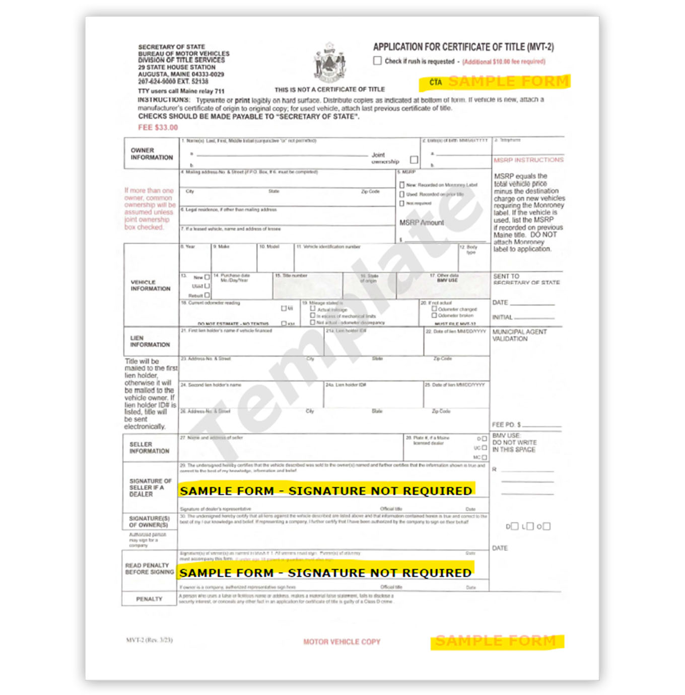 Application for Certificate of Title (MVT-2)